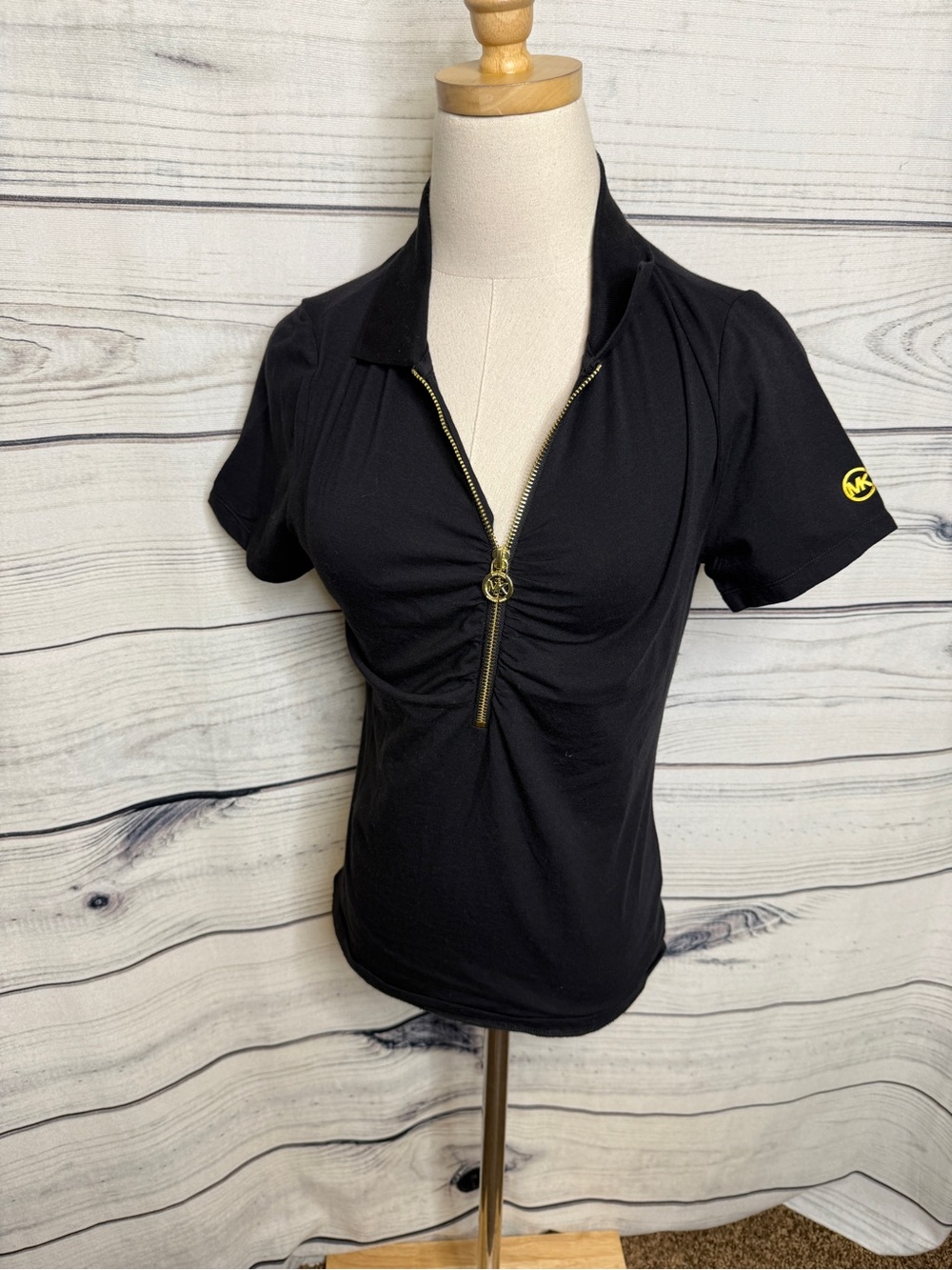 Michael Kors Black Short-Sleeve Zip Polo with Gold Accents